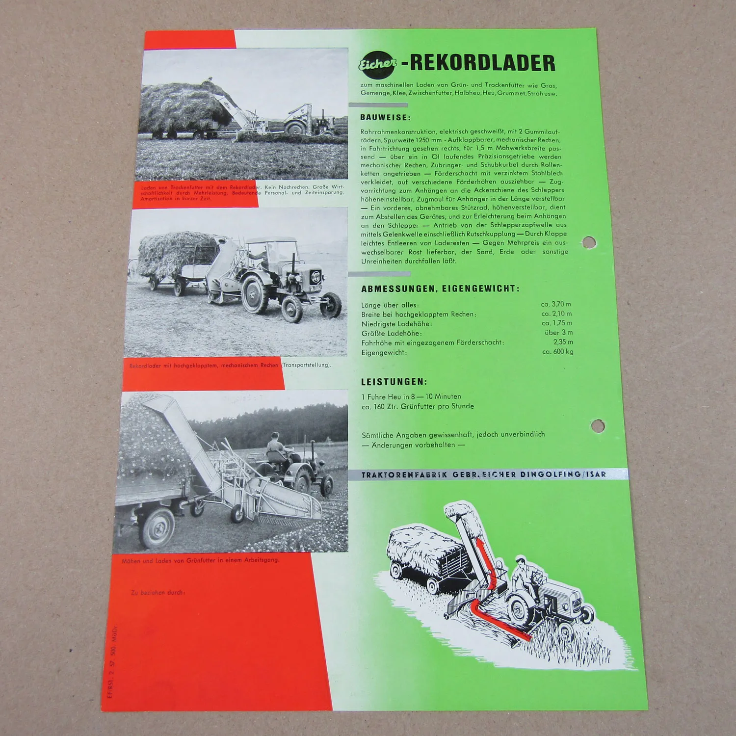 Prospekt Eicher 16 PS Schlepper mit Rekordlader 1957