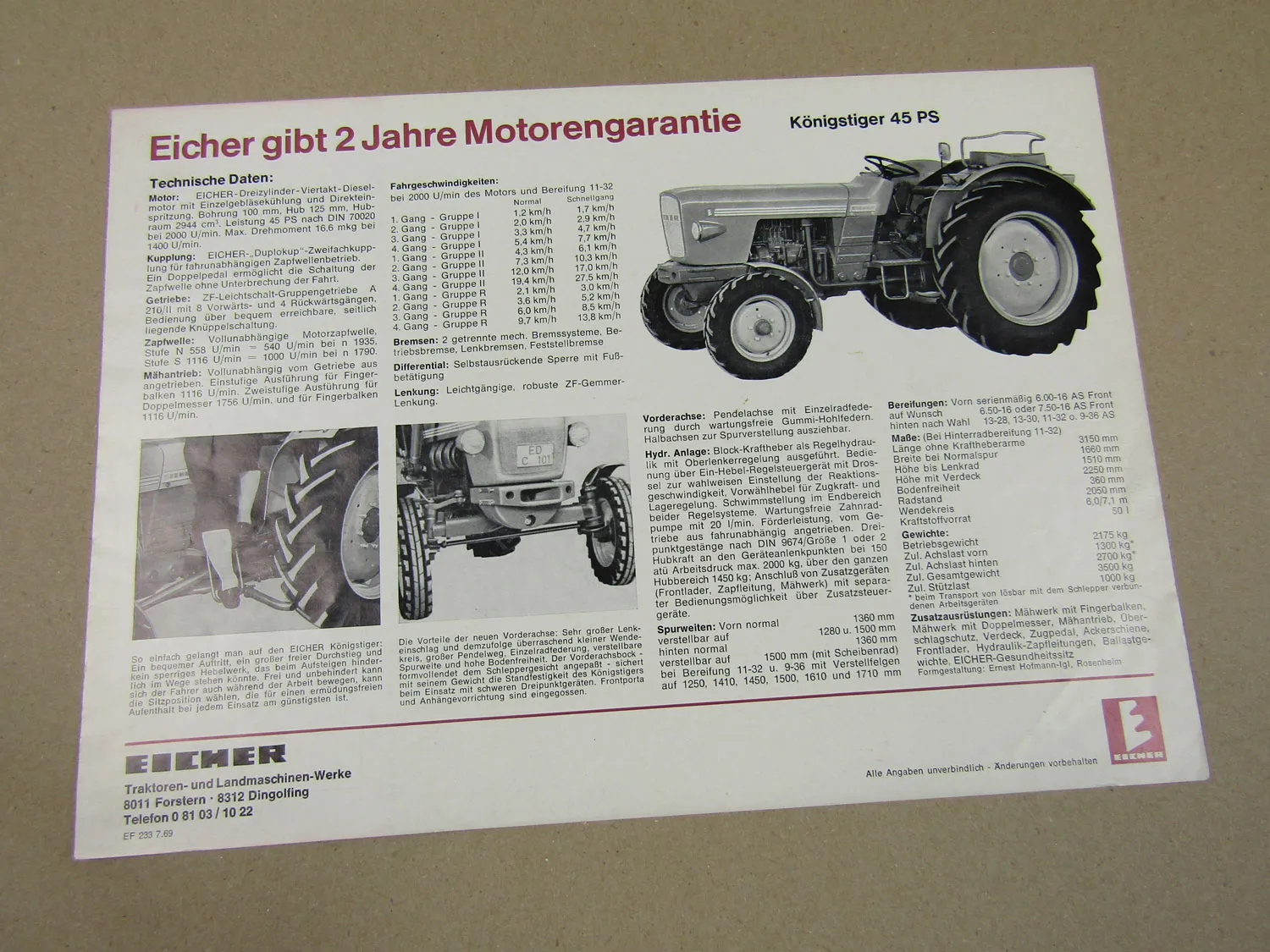 Prospekt Eicher Königstiger mit 45 PS Schlepper von 1969