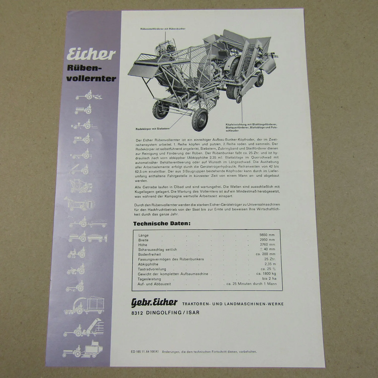 Prospekt Eicher Rübenvollernter für Geräteträger G 280 30 40 von 1964