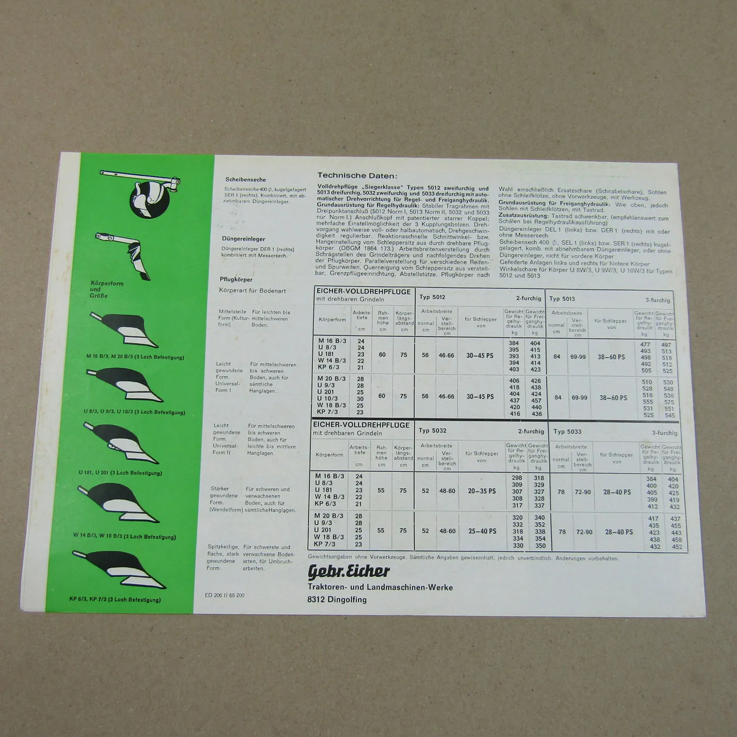 Prospekt Eicher Siegerklasse 5012 5013 5032 5033 Volldrehpflüge 1965
