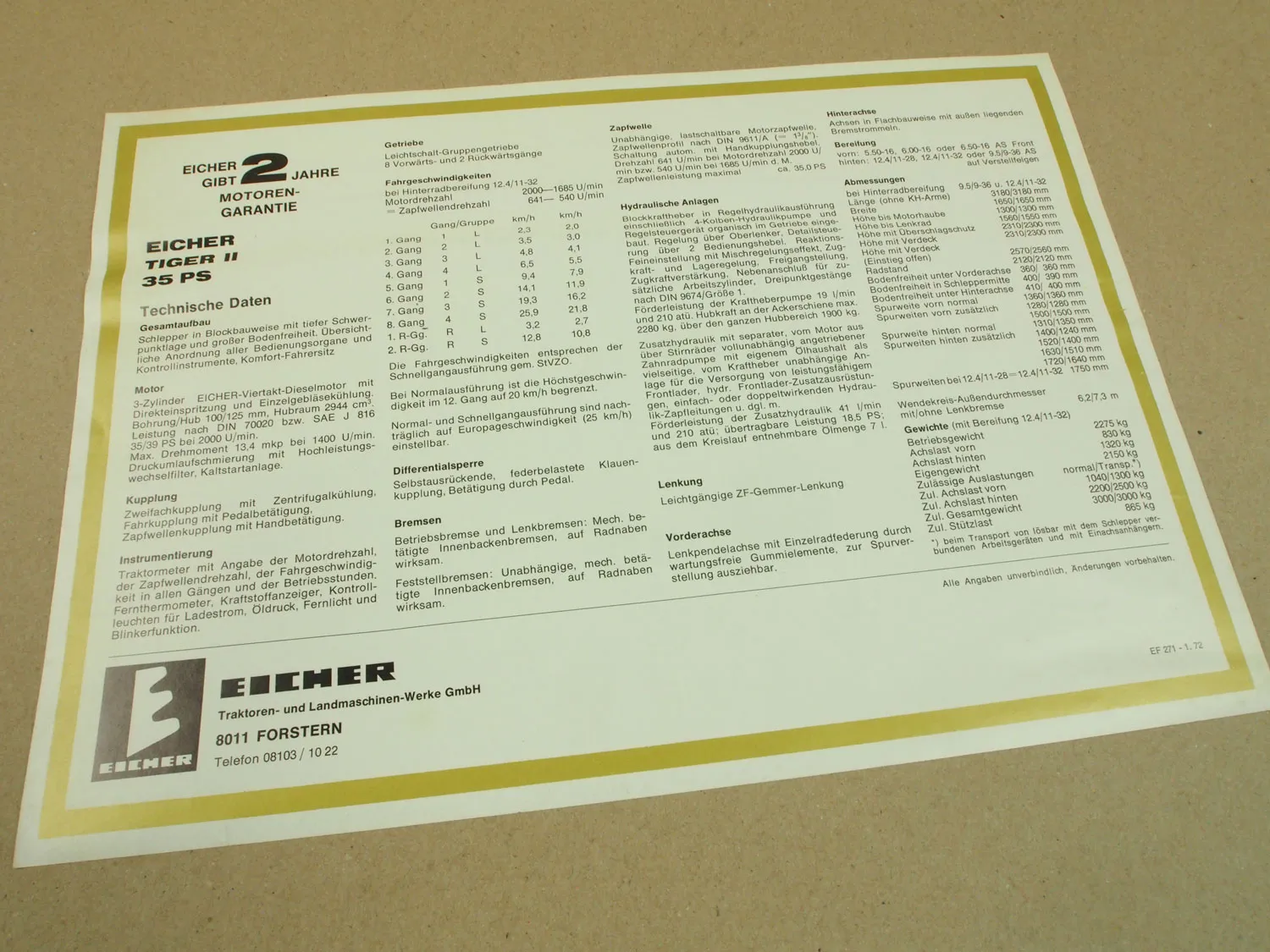Prospekt Eicher Tiger II HS Schlepper mit 35 PS 1972