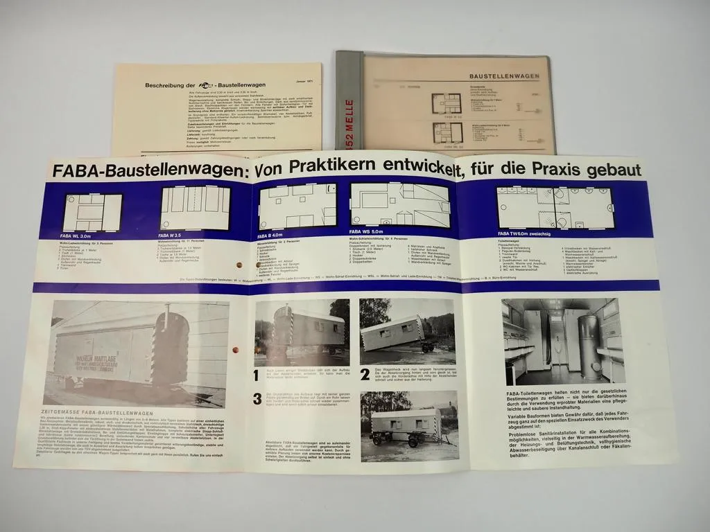 Prospekt Faba Bauwagen Baustellenwagen Melle + Preisliste 1971 in Mappe