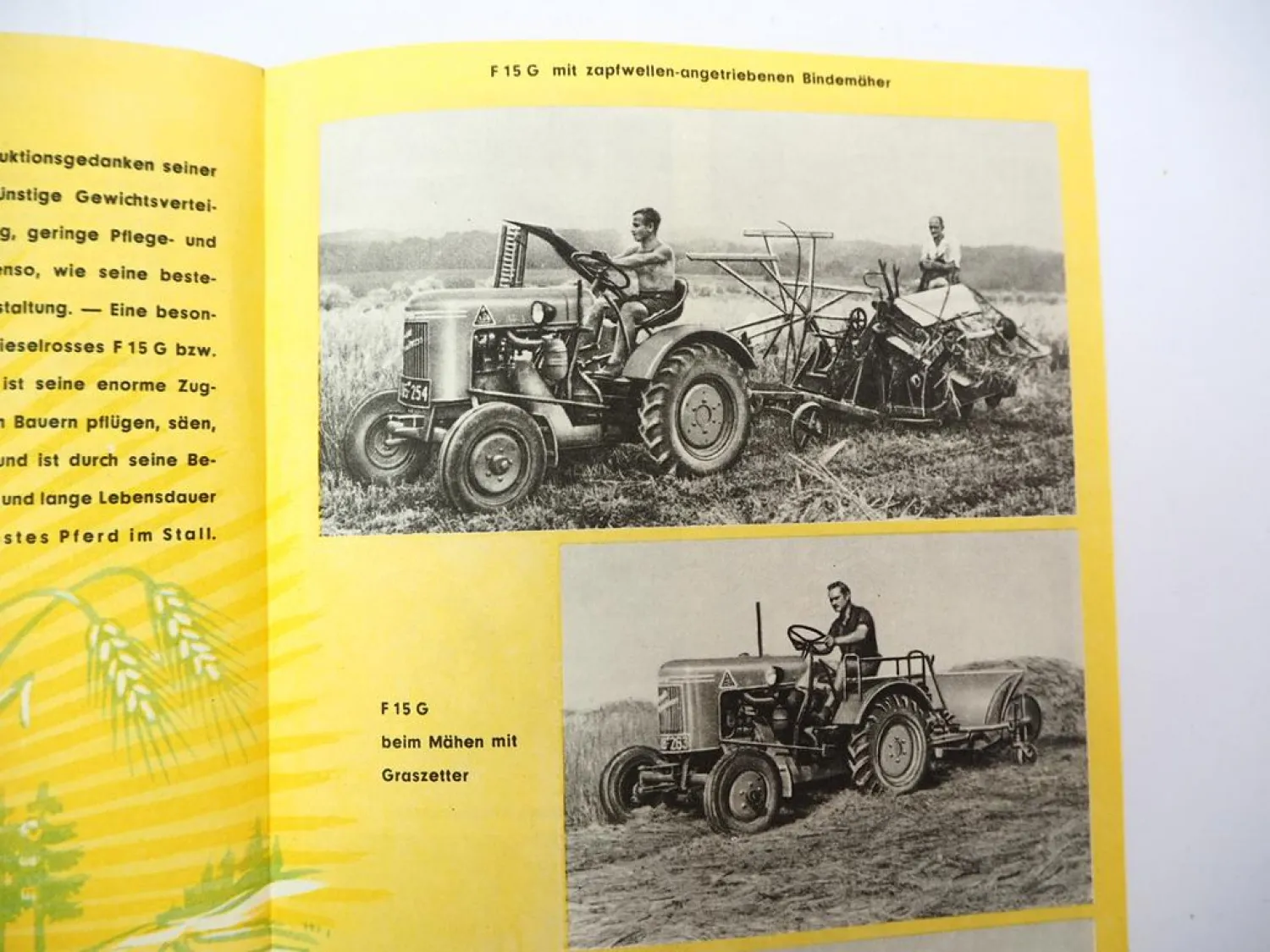 Prospekt Fendt Dieselross F15 G GH mit Anbaugeräten und technischen Daten 1951