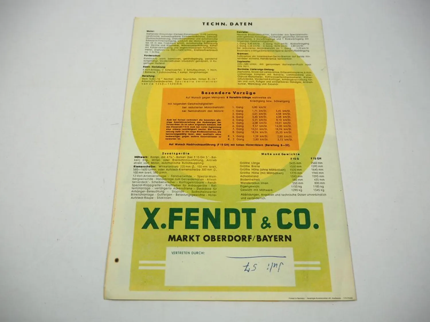 Prospekt Fendt Dieselross F15 G GH mit Anbaugeräten und technischen Daten 1951