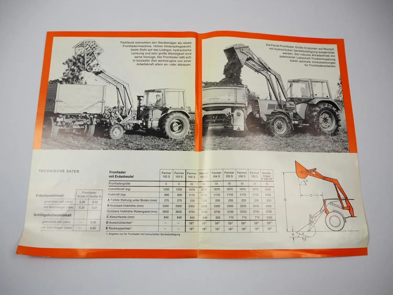 Prospekt Fendt Frontlader an Farmer 102S bis 108S und Geräteträger F250GT 1974