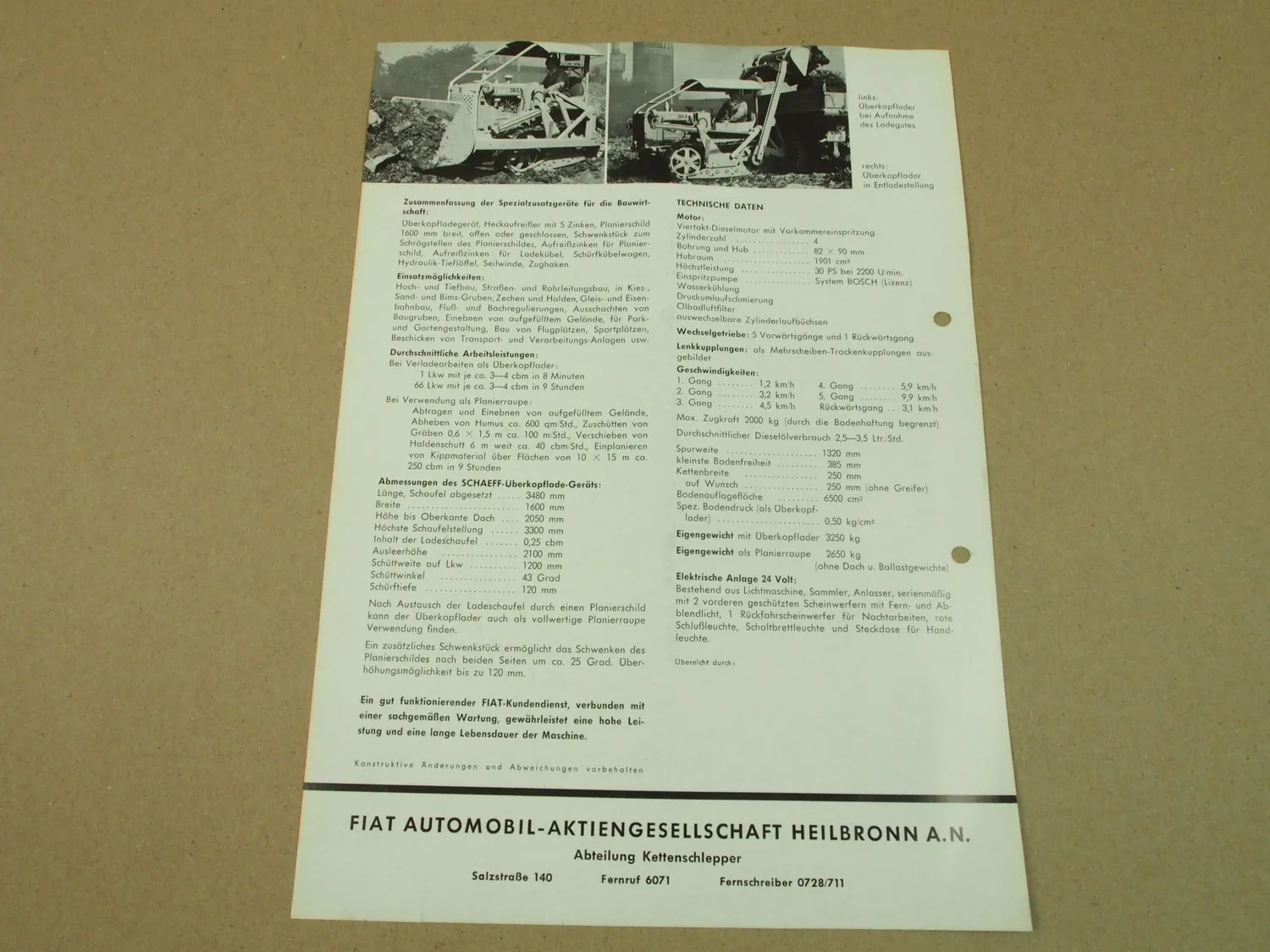 Prospekt Fiat 30CA Planierraupe Kettenschlepper mit 30 PS