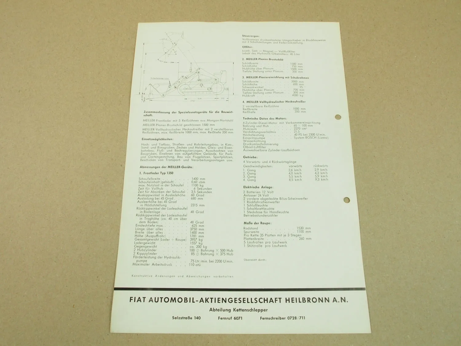 Prospekt Fiat 40CA Kettenschlepper 40 PS mit Meiller Frontlader