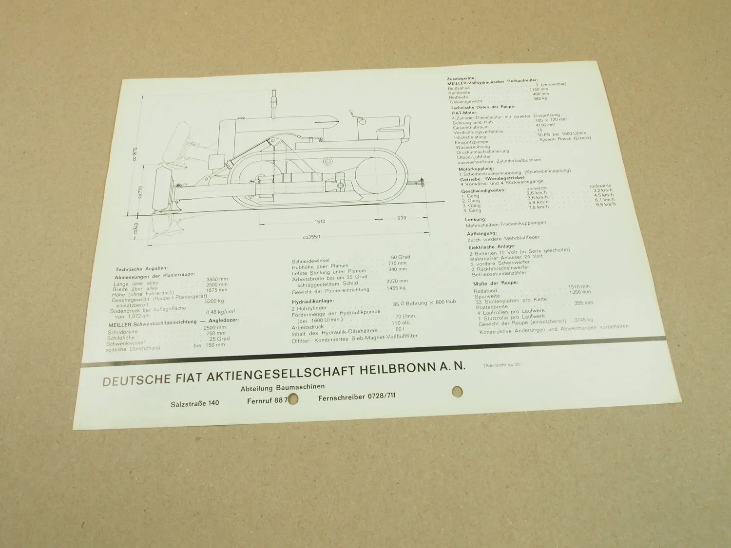 Prospekt Fiat 50CI Raupe Kettenschlepper mit 50 PS und Meiller Planiergerät