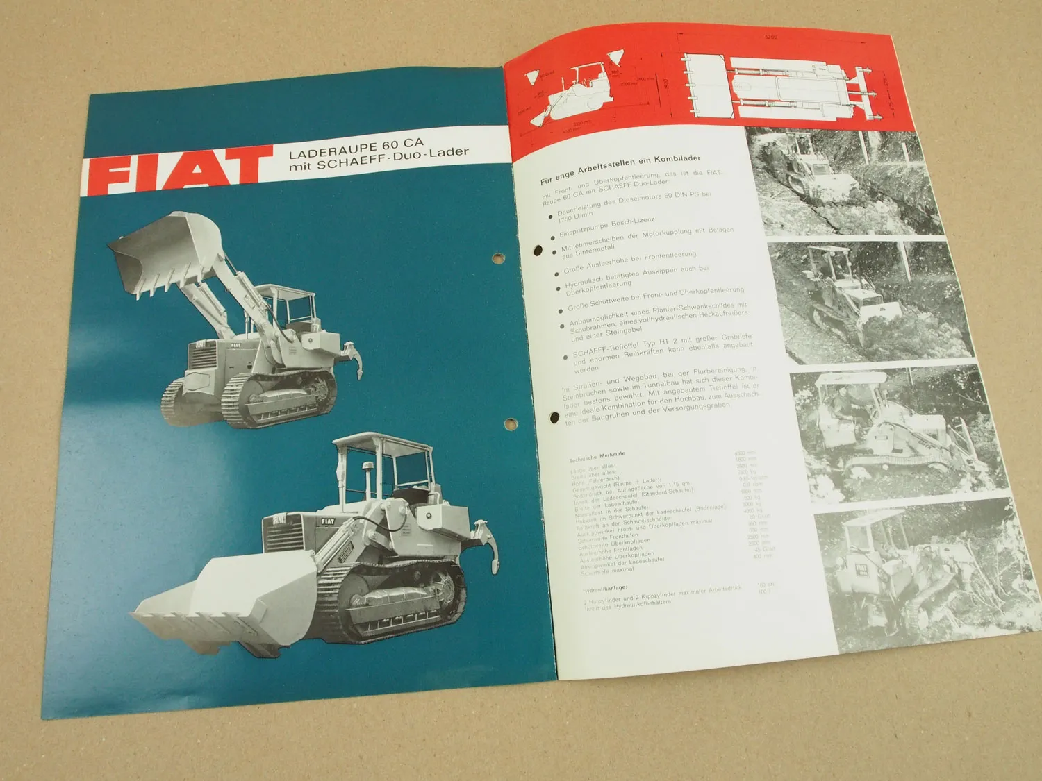 Prospekt Fiat 60CA Laderaupe 60 PS mit Meiller und Schaeff Frontladern