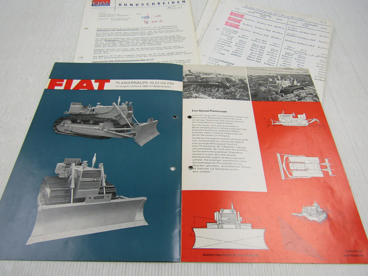 Prospekt Fiat 70 CI Planierraupe mit Meiller Geräten um 1967