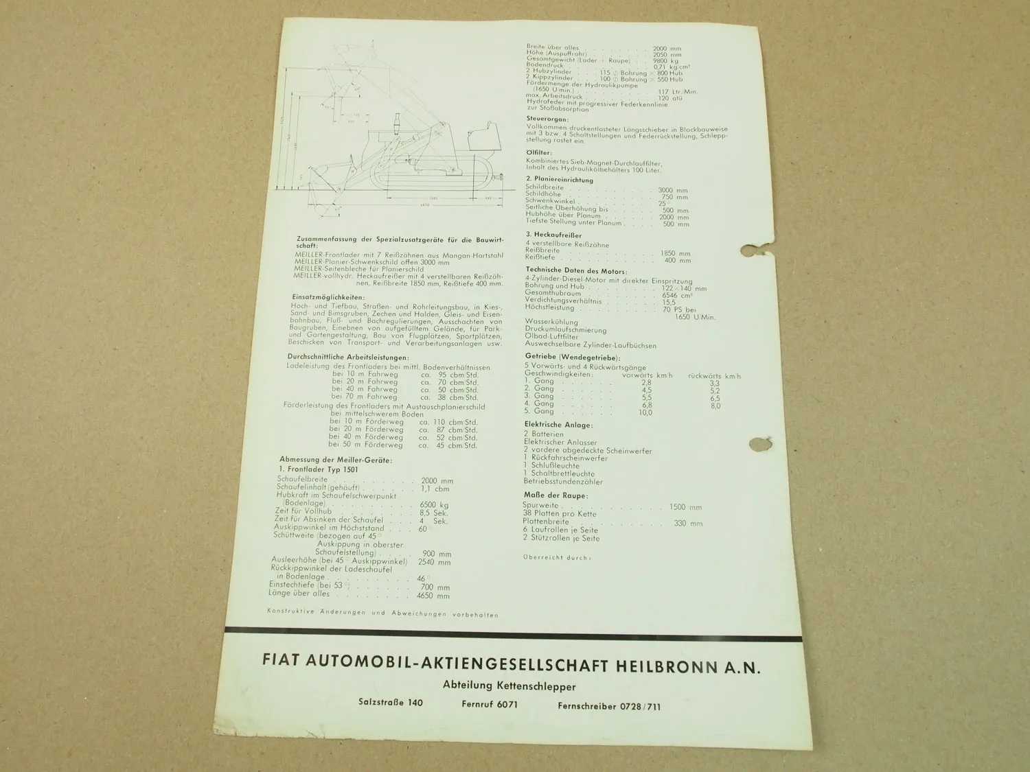 Prospekt Fiat 70CA Kettenschlepper Raupe 70 PS mit Meiller Frontlader