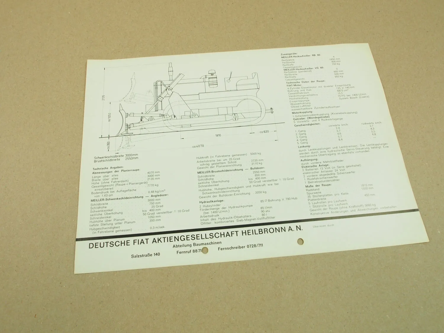 Prospekt Fiat 70CI Kettenschlpper Planierraupe 70PS mit Meiller Planiergerät