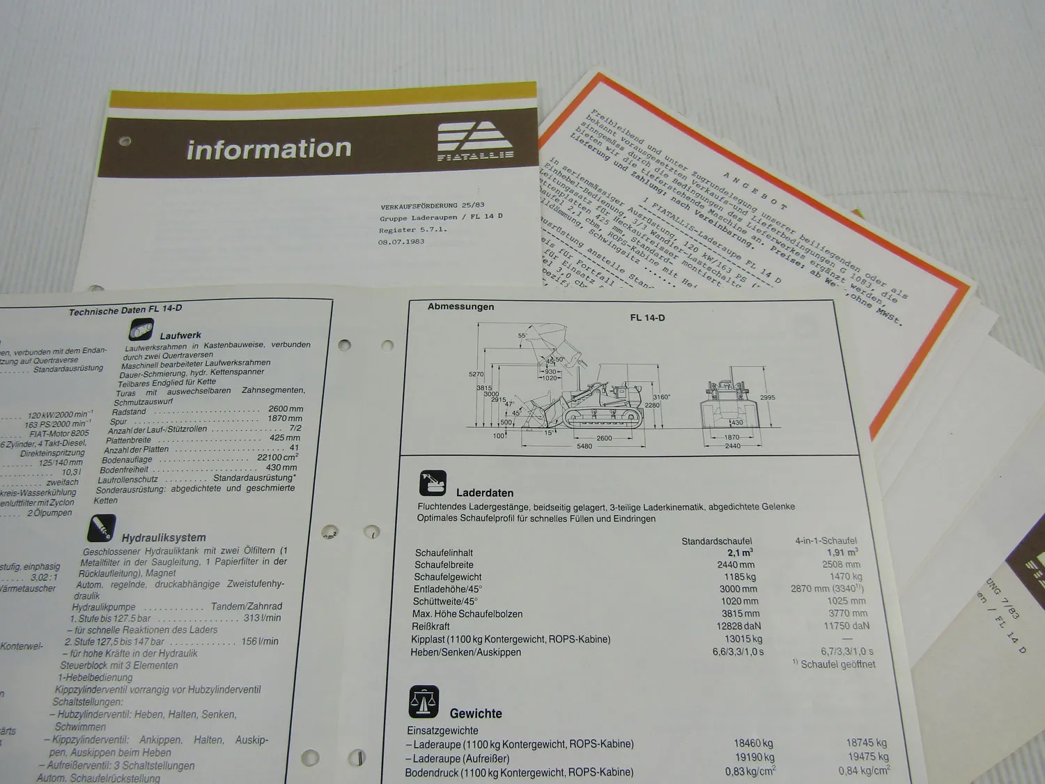 Prospekt Fiat Allis FL14D Laderaupe technische Daten Angebot 1983