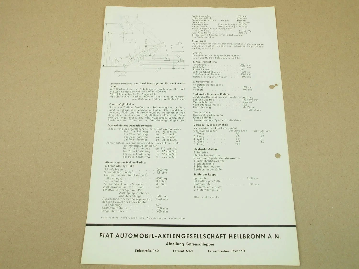 Prospekt Fiat Kettenschlepper 70CA mit Meiller Frontlader 70 PS