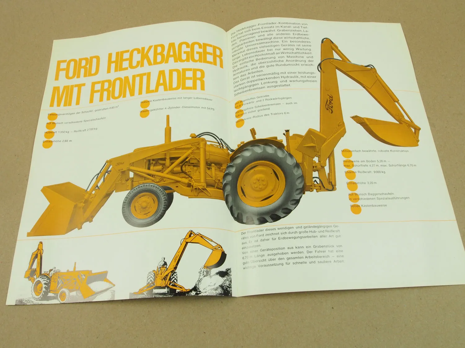 Prospekt Ford Industriegeräte 54 PS 723 Heckbagger 712 Frontlader 60/70er Jahre