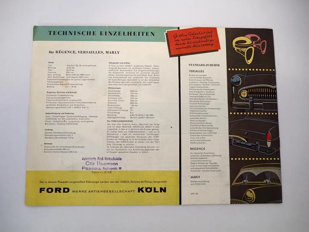 Prospekt Ford Versailles Regence Marly PKW 1956