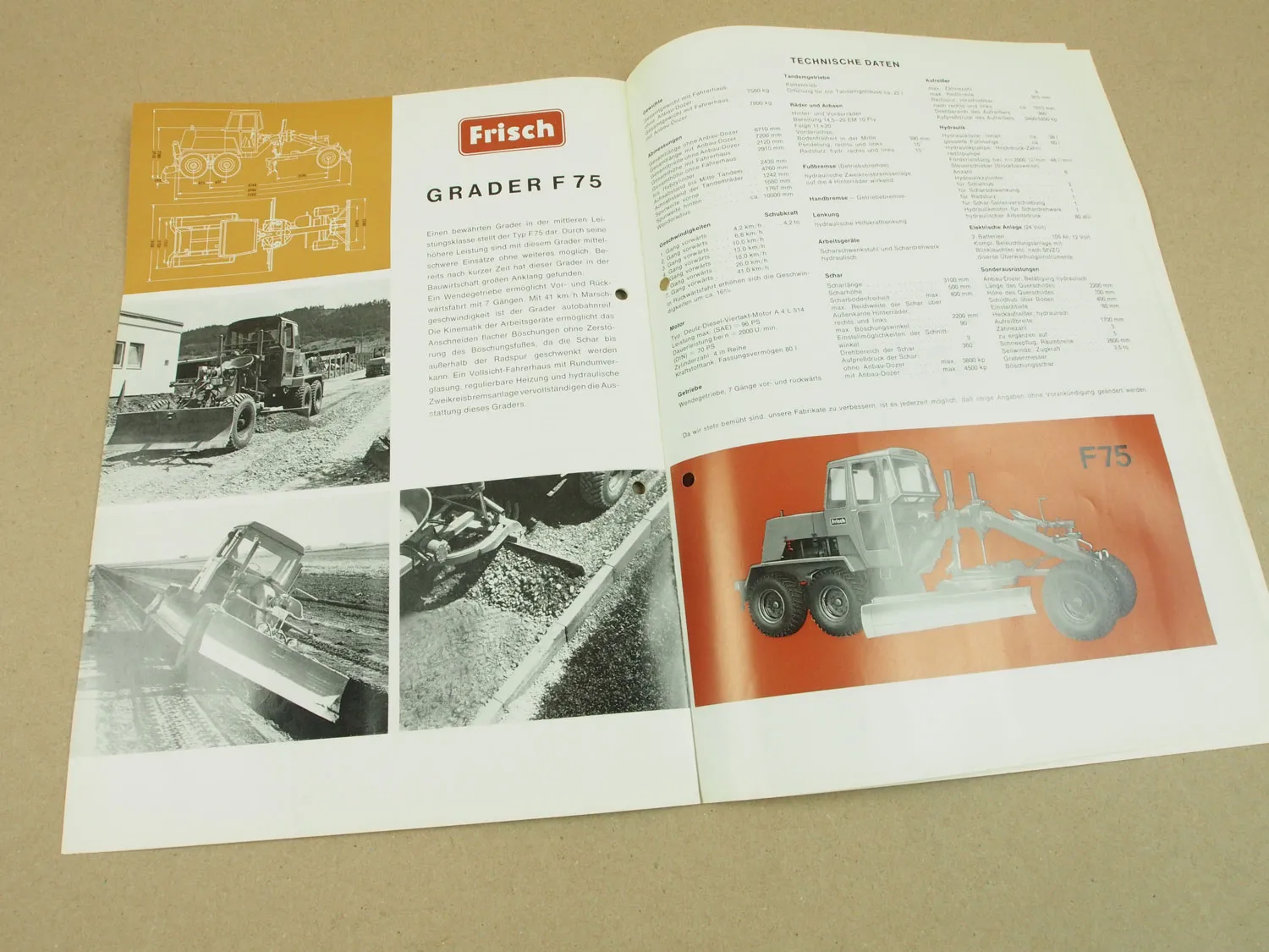 Prospekt Frisch F185 F125 F75 F65 Grader mit 165 125 70 und 53 PS von 1966