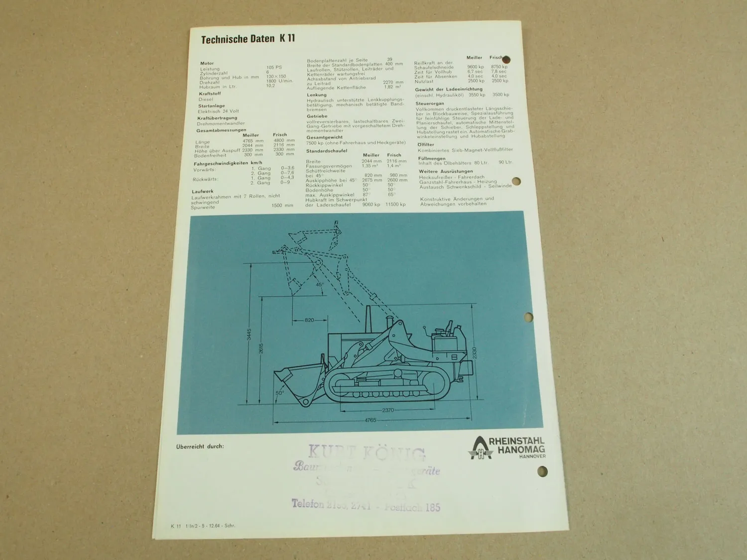 Prospekt Hanomag K11 Laderaupe mit 105 PS 6-Zylinder Motor 12/1965