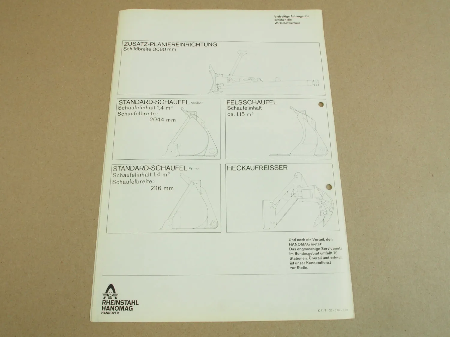 Prospekt Hanomag K11 Laderaupe mit 105 PS und 6-Zyl. Motor von 1965