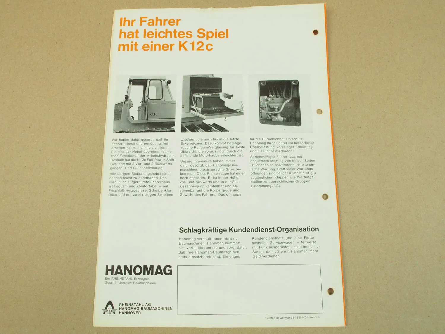 Prospekt Hanomag K12c Planierraupe 135 PS von 1972