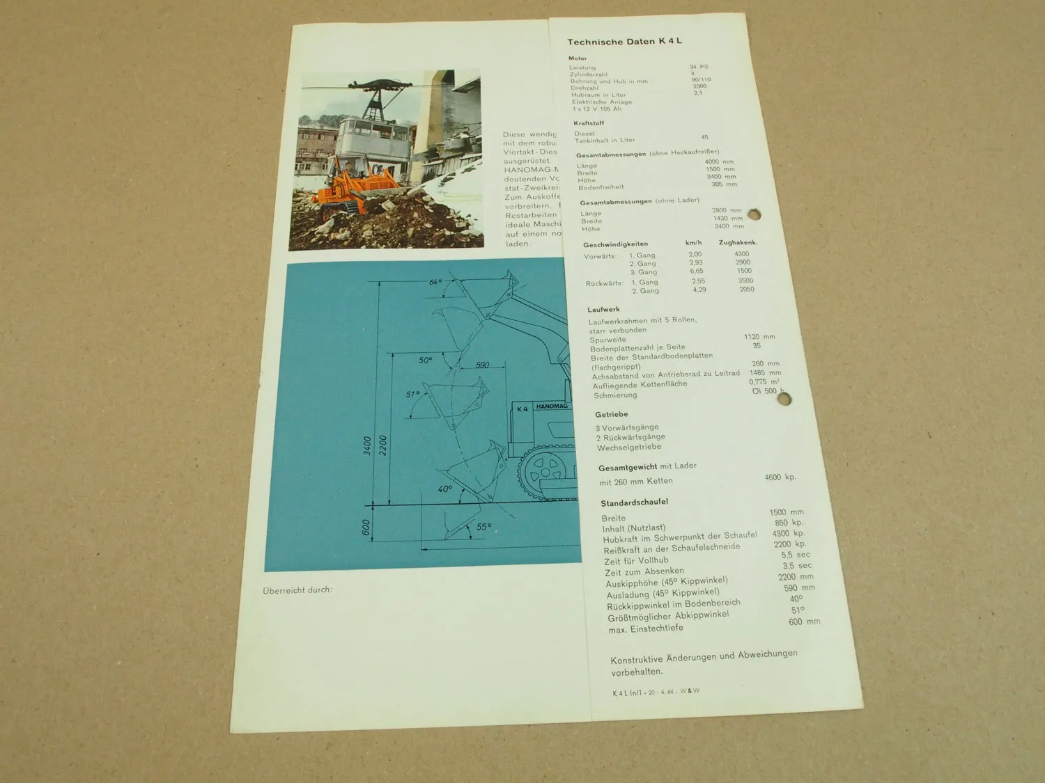 Prospekt Hanomag K4 K4L Planierraupe mit 34 PS 3-Zylinder 4/1964