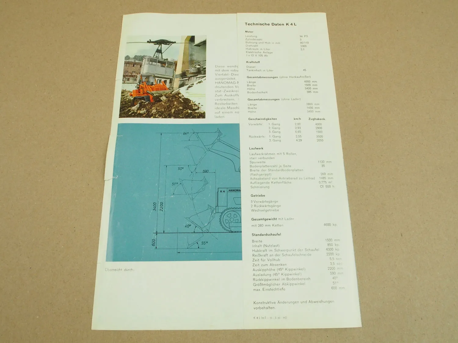 Prospekt Hanomag K4 K4L Planierraupe mit 34 PS 3-Zylinder Motor 3/1965