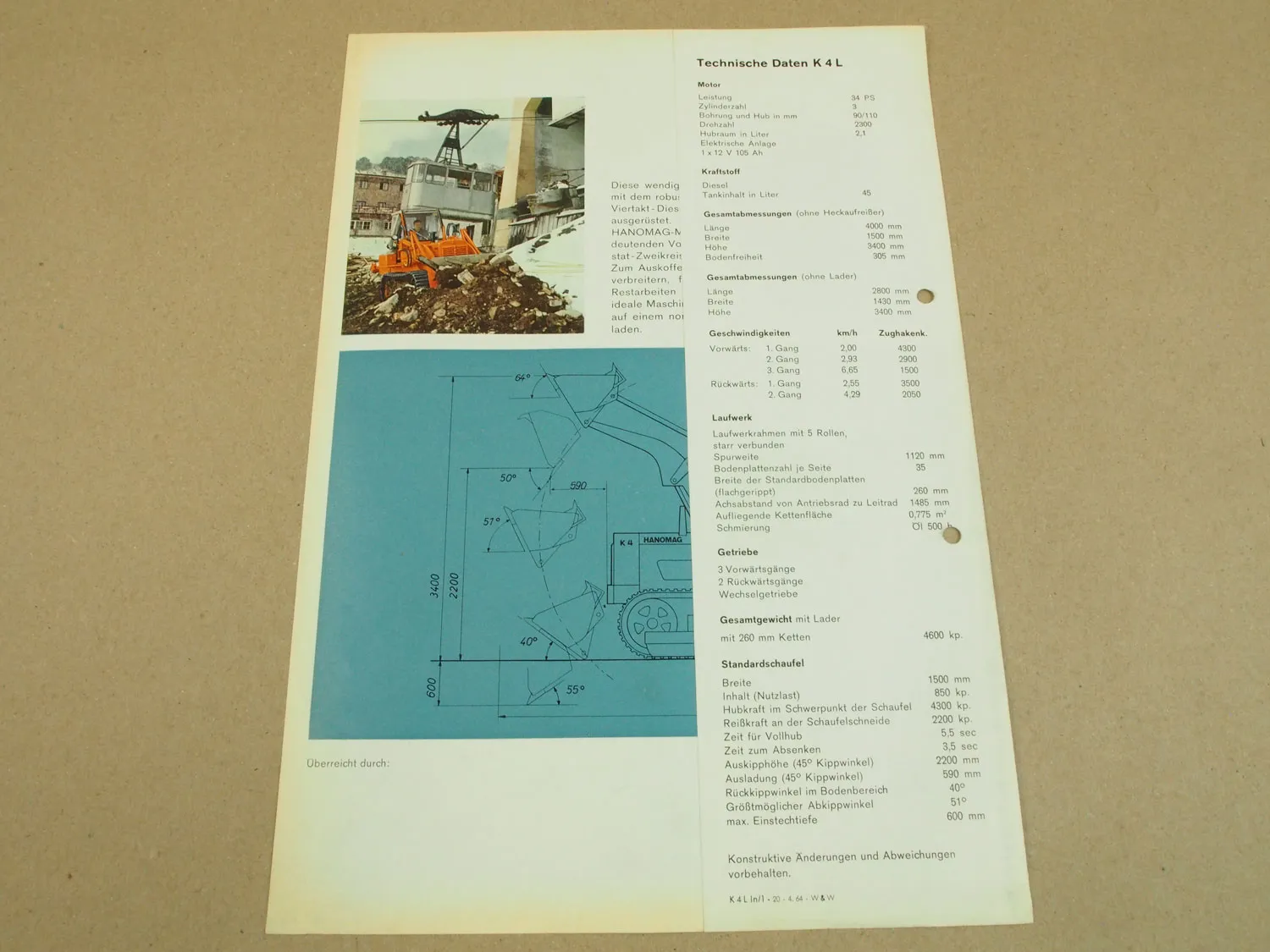 Prospekt Hanomag K4 K4L Planierraupe mit 34 PS 3-Zylinder Motor 4/1964