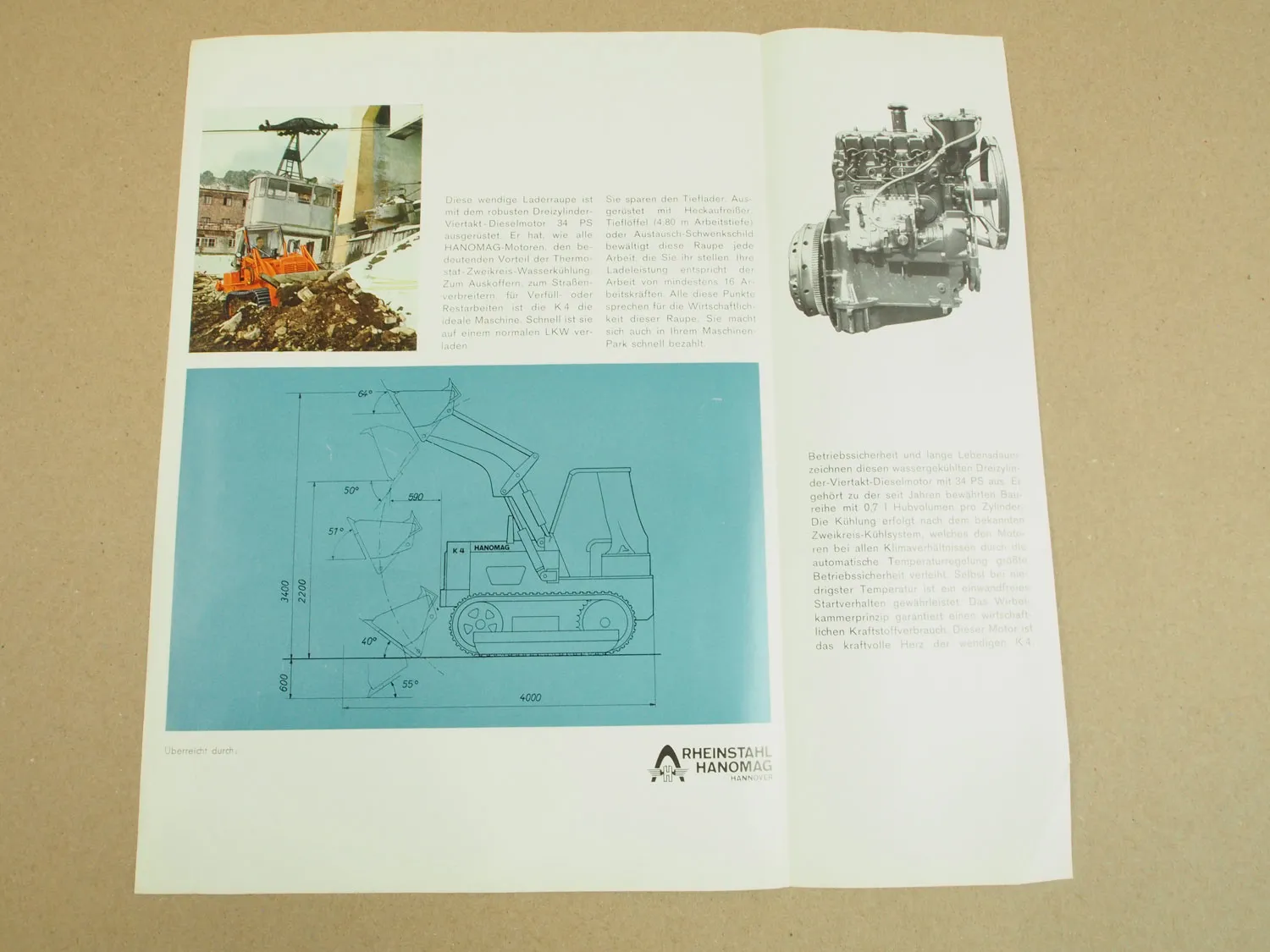 Prospekt Hanomag K4 L Planierraupe mit 34 PS 3-Zylinder Motor 1965