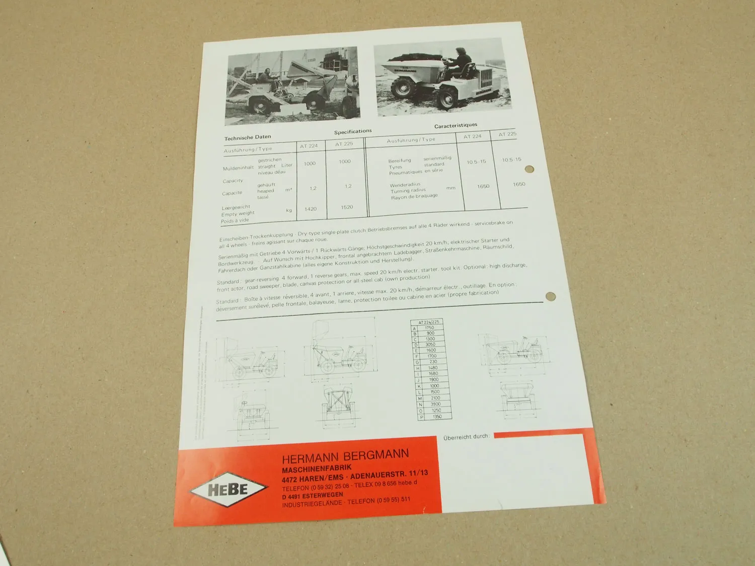 Prospekt HeBe Bergmann Klein-Dumper AT224 AT225
