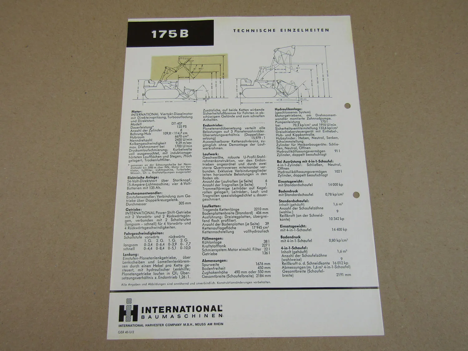 Prospekt IHC International 175B Laderaupe mit 122 PS 6Zyl. DT-407