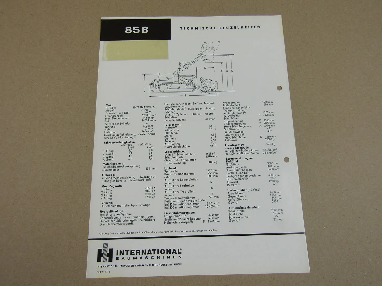 Prospekt IHC International 85B Laderaupe mit 40 PS