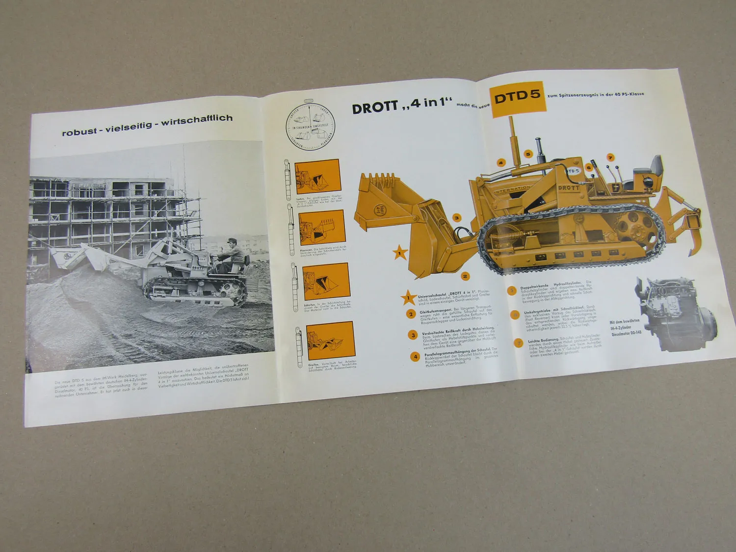 Prospekt IHC International Drott DTD5 Raupe 60er Jahre