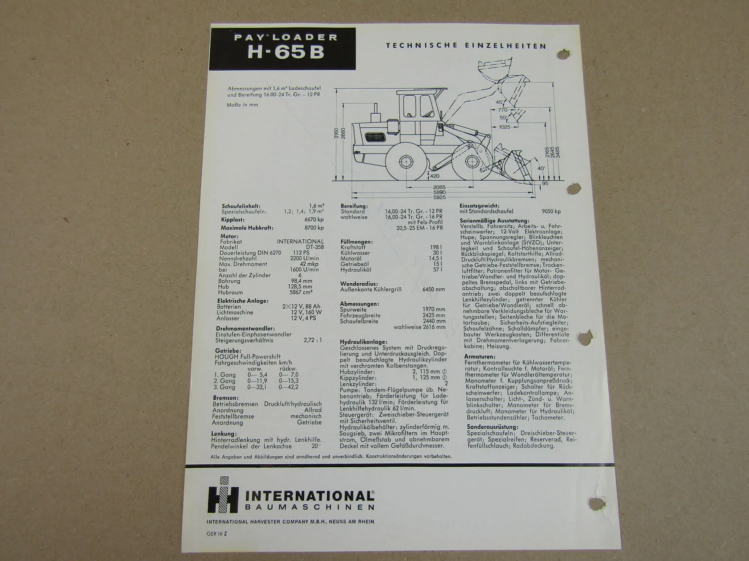 Prospekt IHC International Harvester H-65B PayLoader mit 112 PS DT-358 Motor