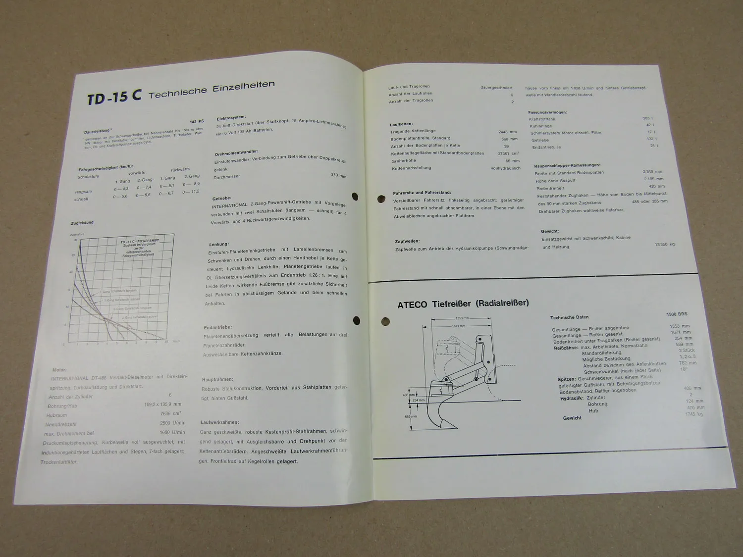 Prospekt IHC International Harvester TD-15C Planierraupe 6 Zyl. Motor 70er Jahre
