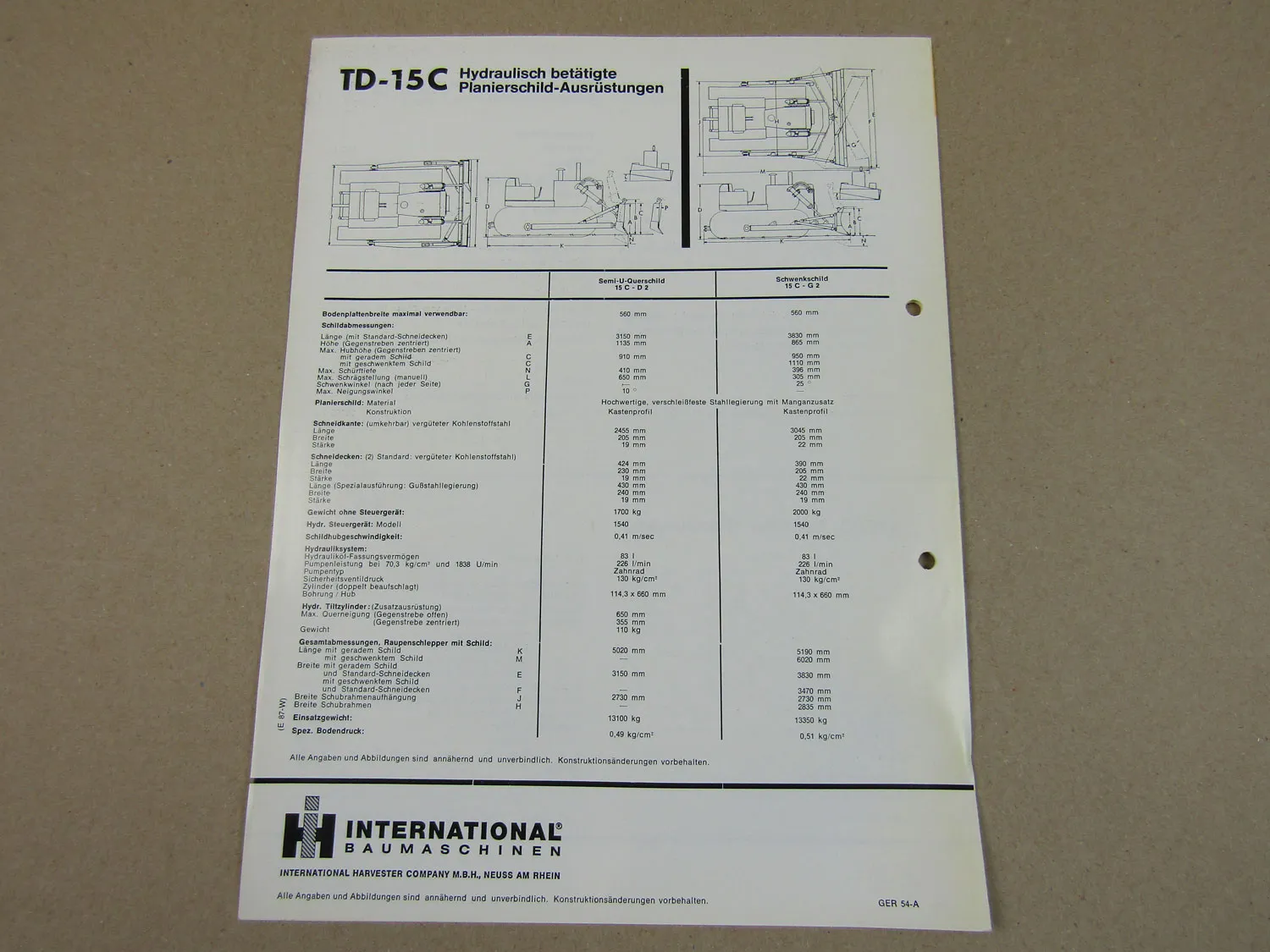 Prospekt IHC International Harvester TD-15C Planierraupe 6 Zyl. Motor 70er Jahre