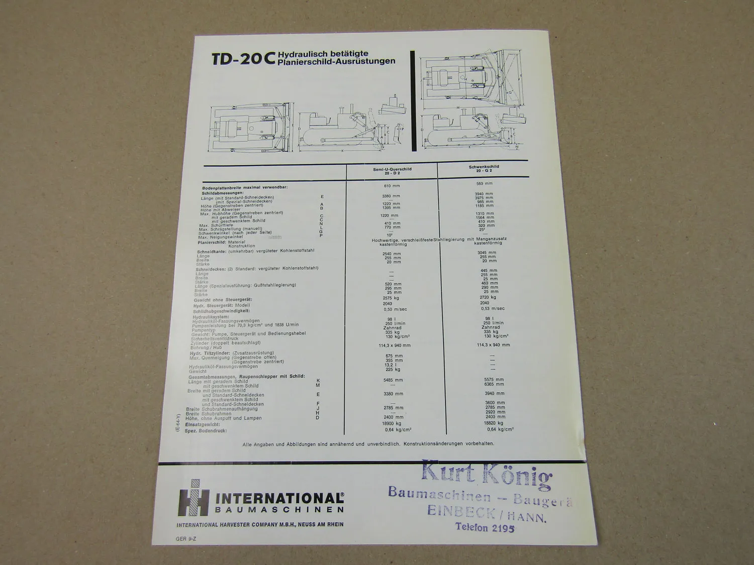 Prospekt IHC International Harvester TD-20C Planierraupe mit 8 Zyl. Motor 1964