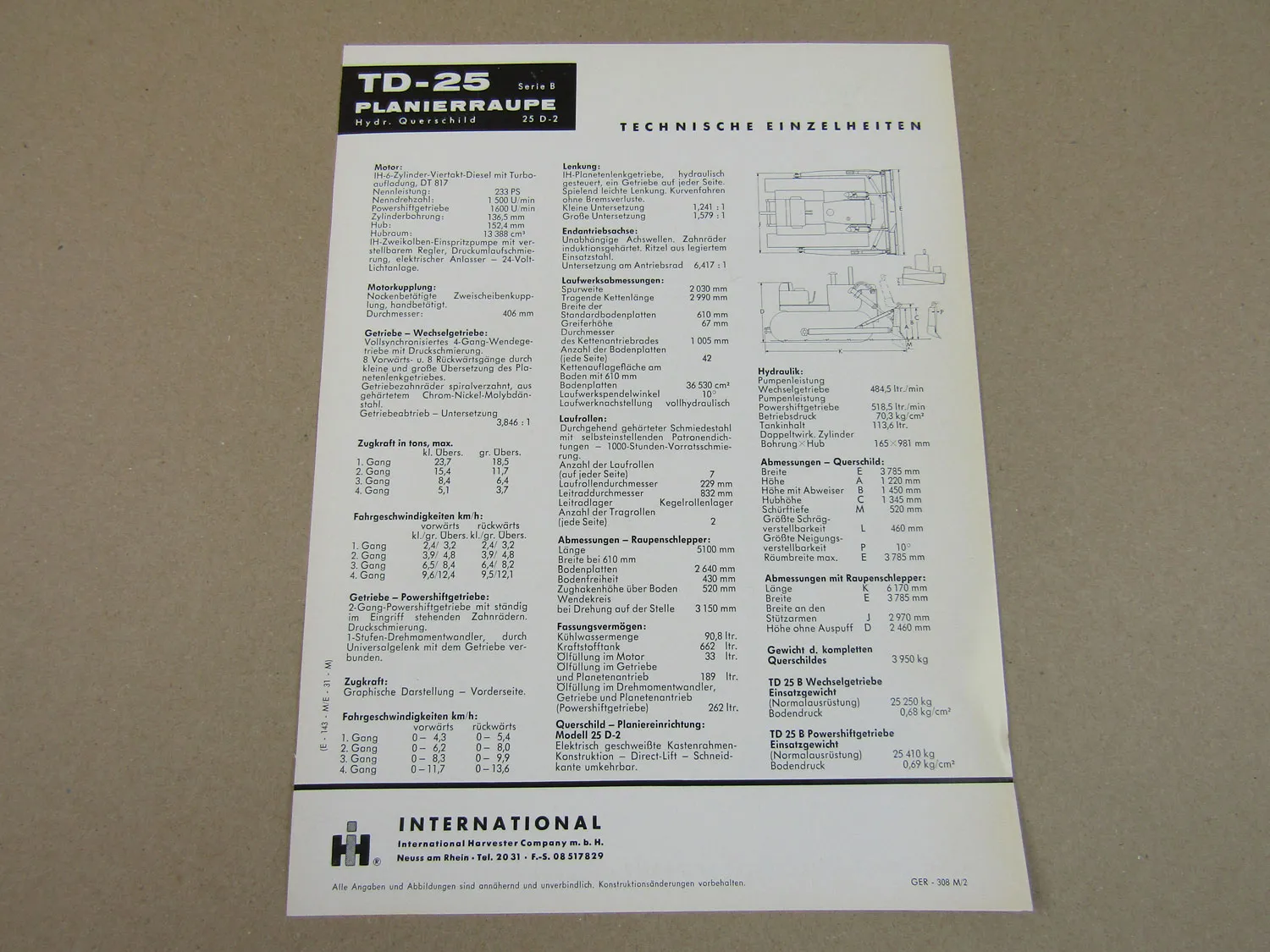 Prospekt IHC International Harvester TD-25 Planierraupe Serie B