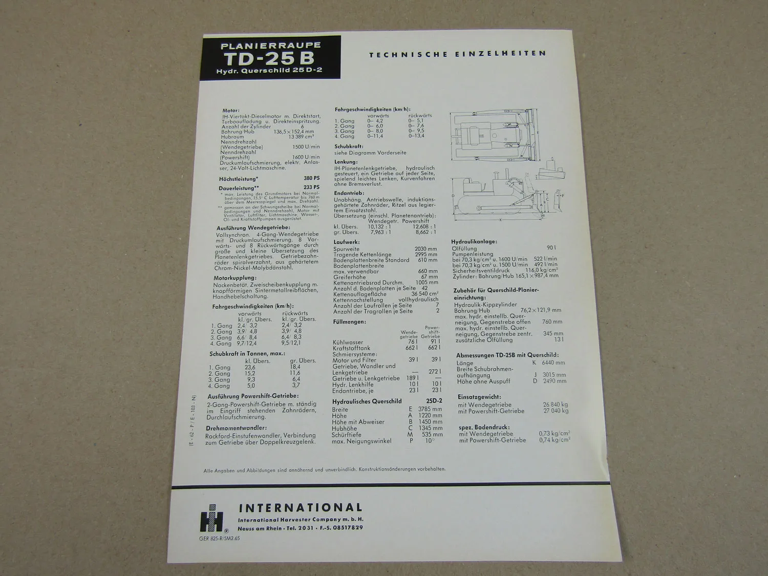 Prospekt IHC International Harvester TD-25B Planierraupe mit Querschild 25D-2