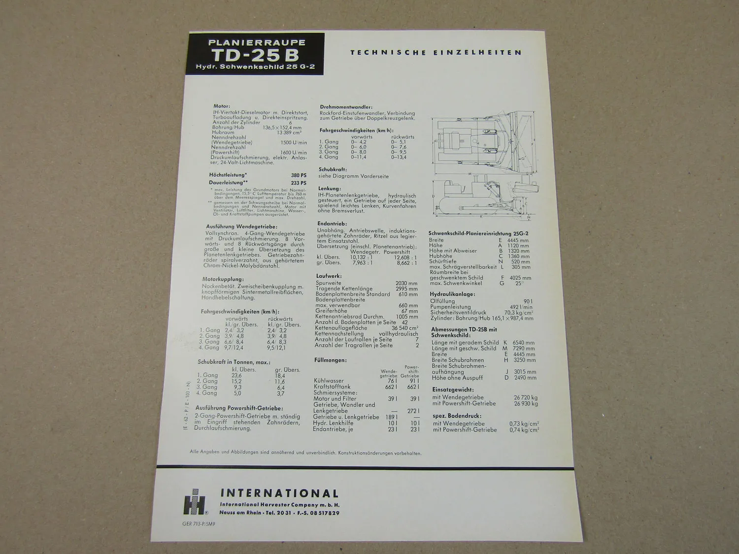 Prospekt IHC International Harvester TD-25B Planierraupe mit Schwenkschild
