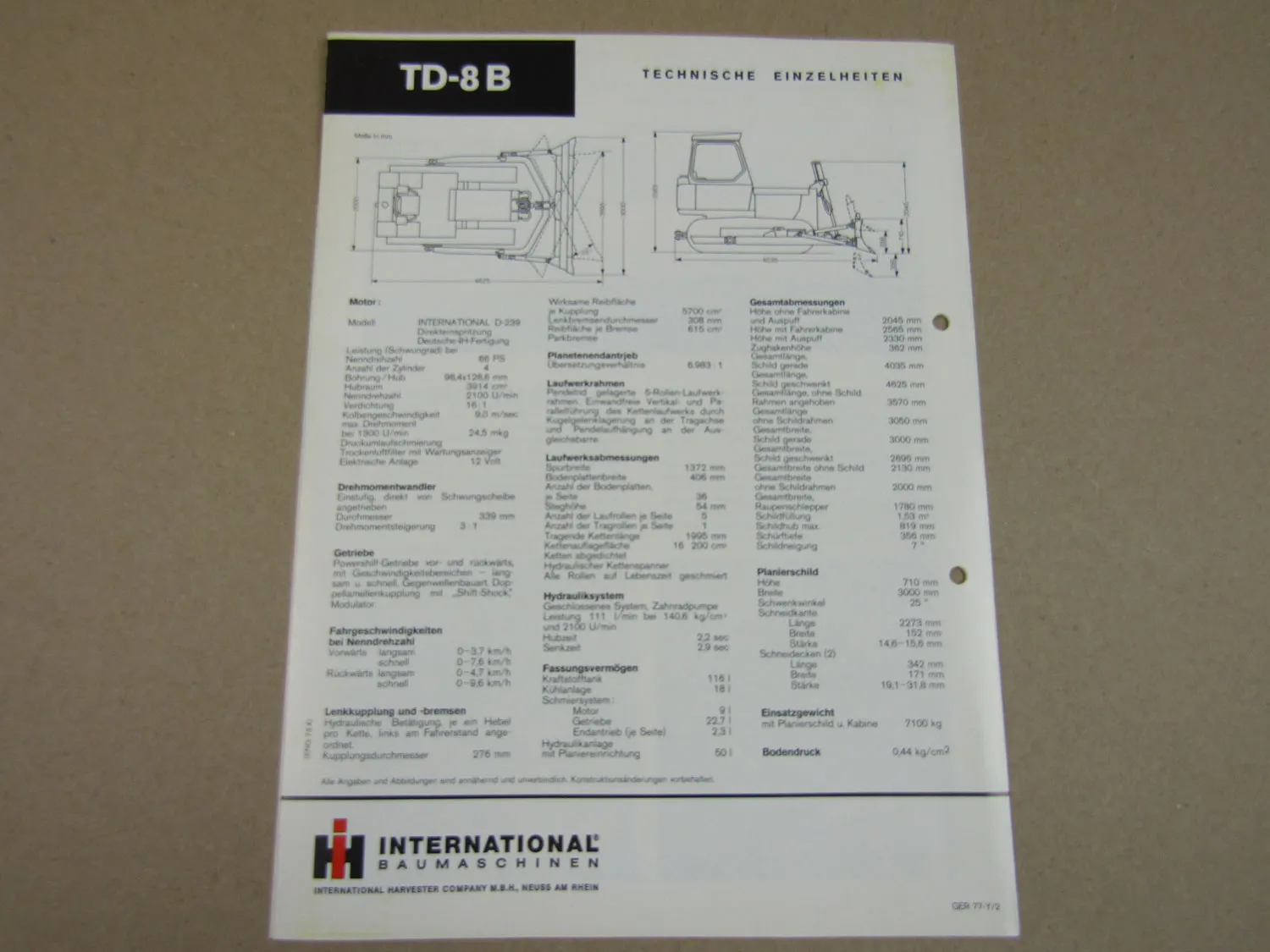 Prospekt IHC International Harvester TD-8B Planierraupe 1977