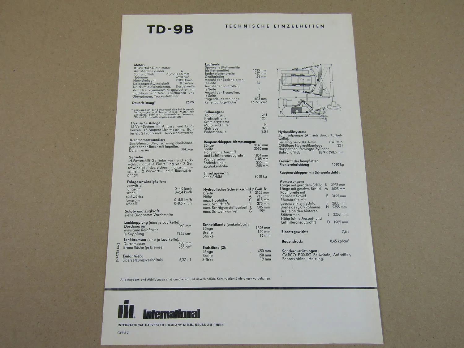 Prospekt IHC International Harvester TD-9B Planierraupe 6 Zyl. Motor 1968