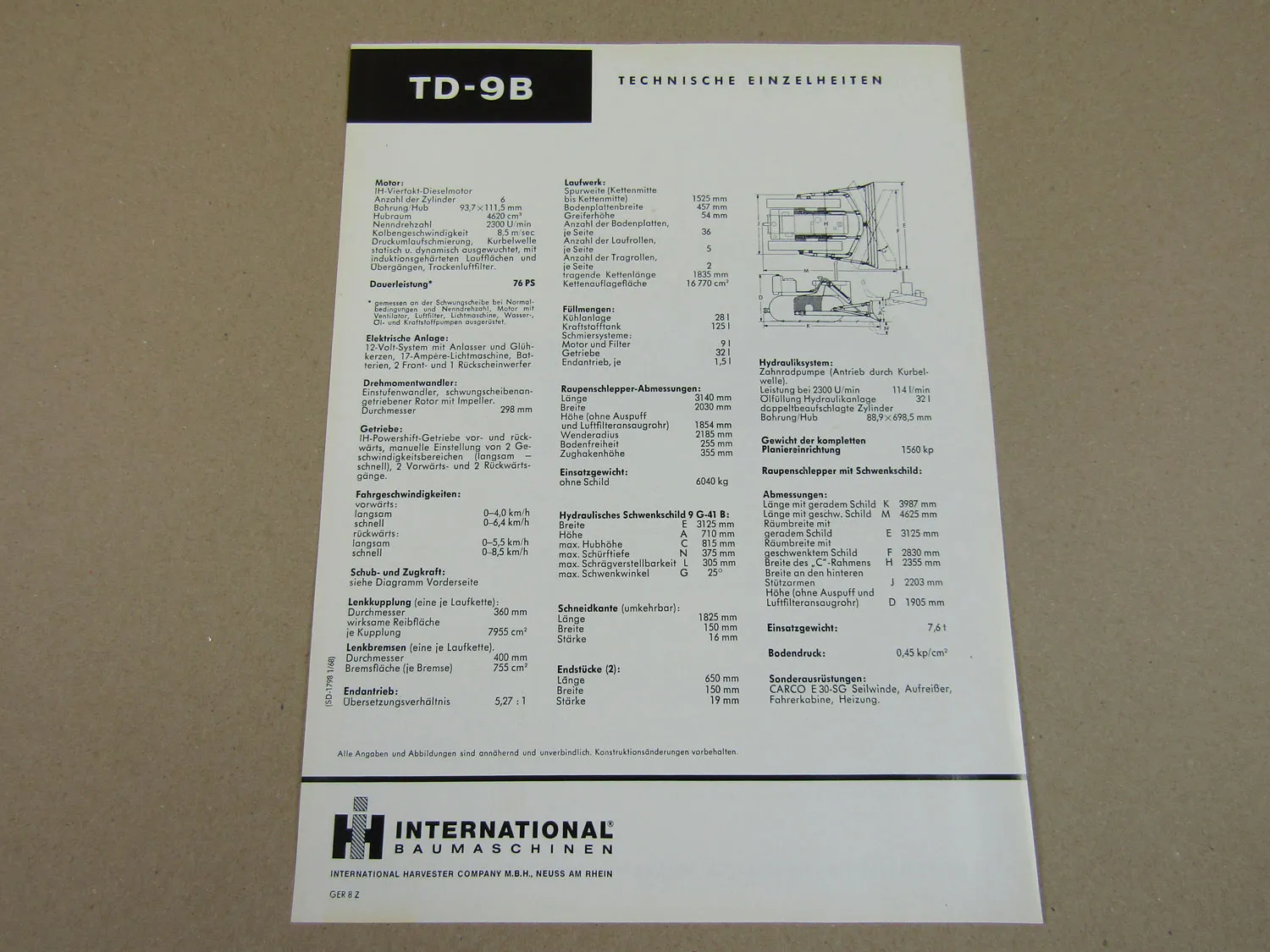 Prospekt IHC International Harvester TD-9B Planierraupe 6 Zyl. Motor D-282
