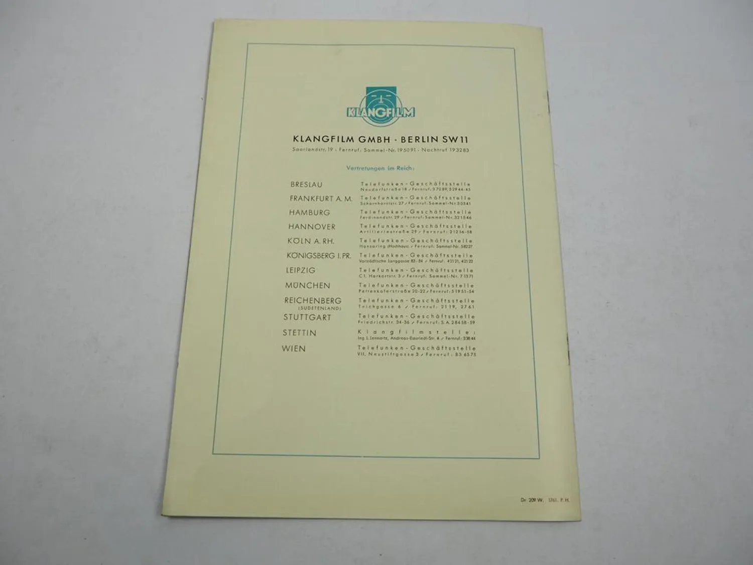 Prospekt Klangfilm Euro-G AEG Kinomaschine Film Theater Apparat 1930er Jahre