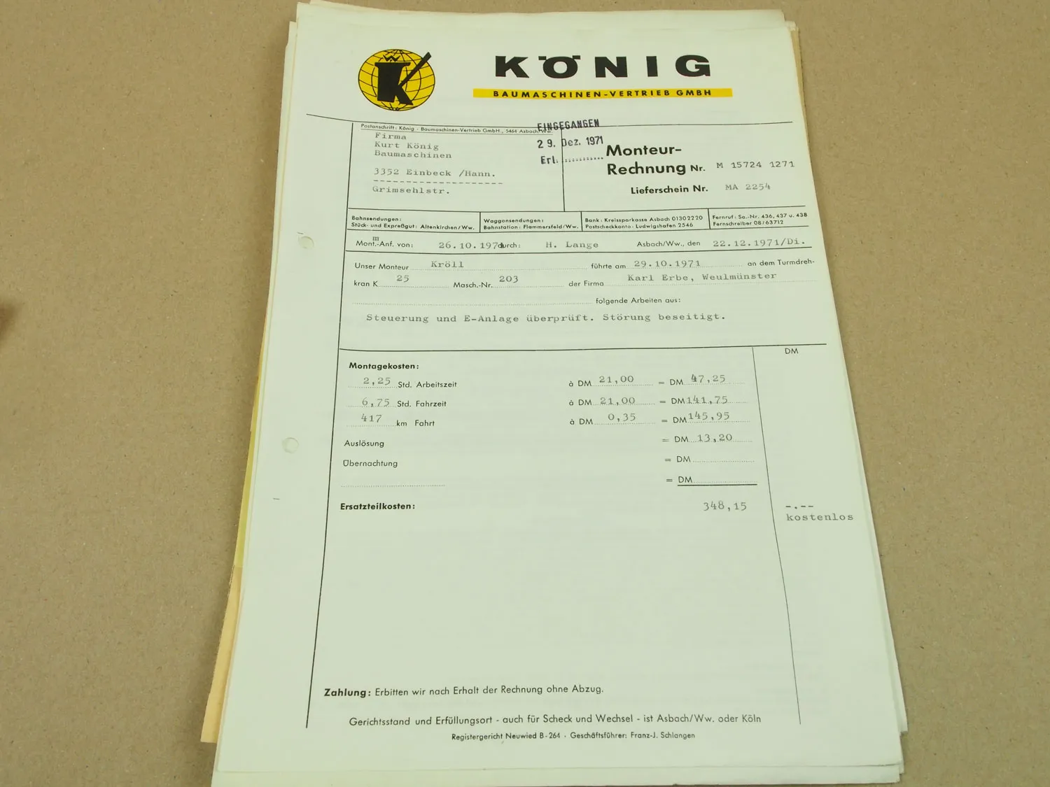 Prospekt König Kran K25 Schnellmontagekran mit Rechnungen und Belegen 70er Jahre