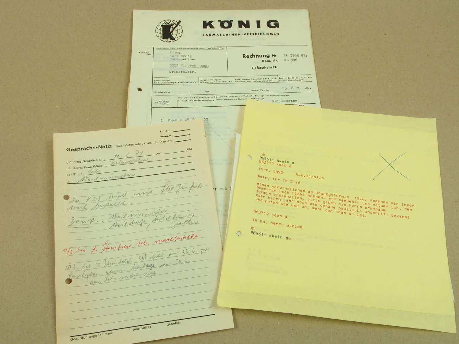 Prospekt König Kran K25 Schnellmontagekran mit Rechnungen und Belegen 70er Jahre