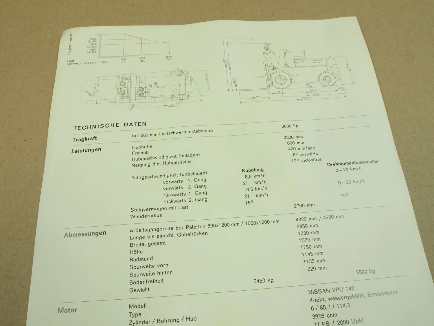 Prospekt Komatsu FG35 Gabelstapler mit technischen Daten