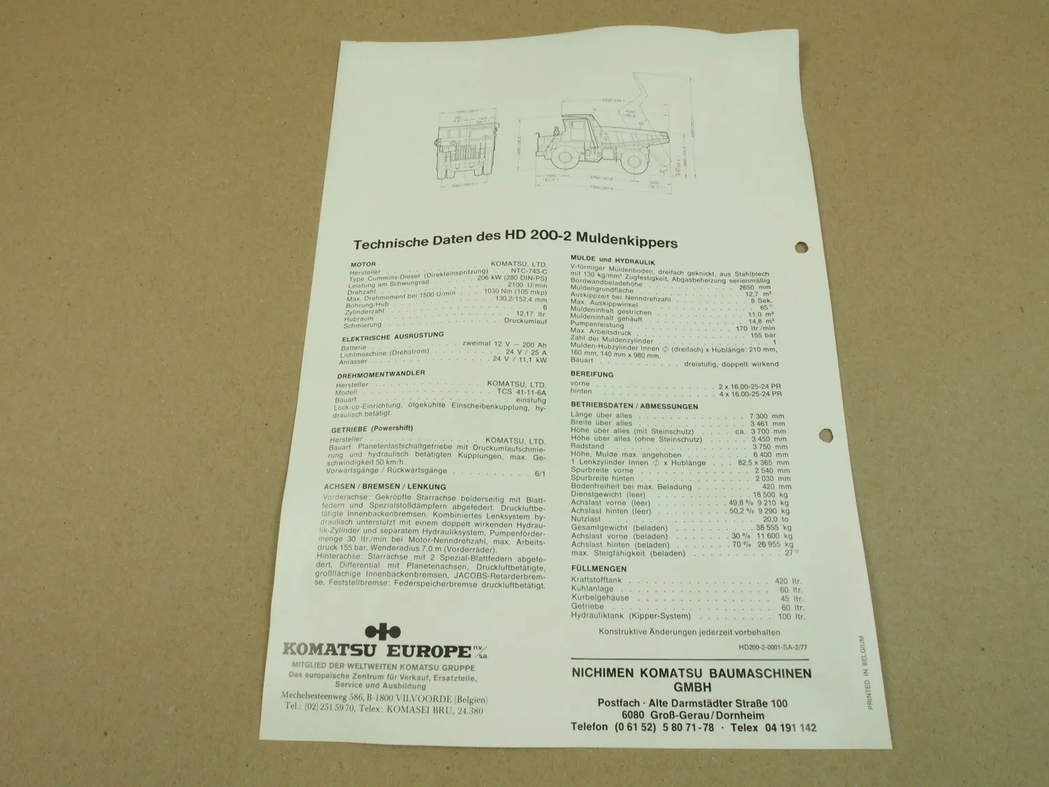 Prospekt Komatsu HD200-2 Muldenkipper mit 280 PS Cummins NTC-743-C Motor 1977