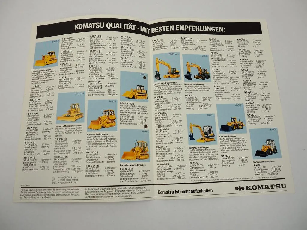 Prospekt Komatsu Raupen Bagger Radlader Lieferprogramm Deutschland 1985