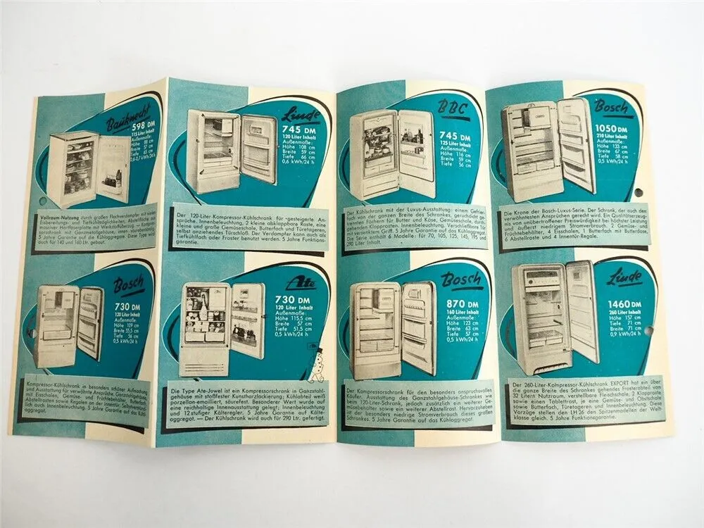 Prospekt Kühlschrank Bauknecht Delta Frigor Saba Bosch Linde Ate 1950er Jahre