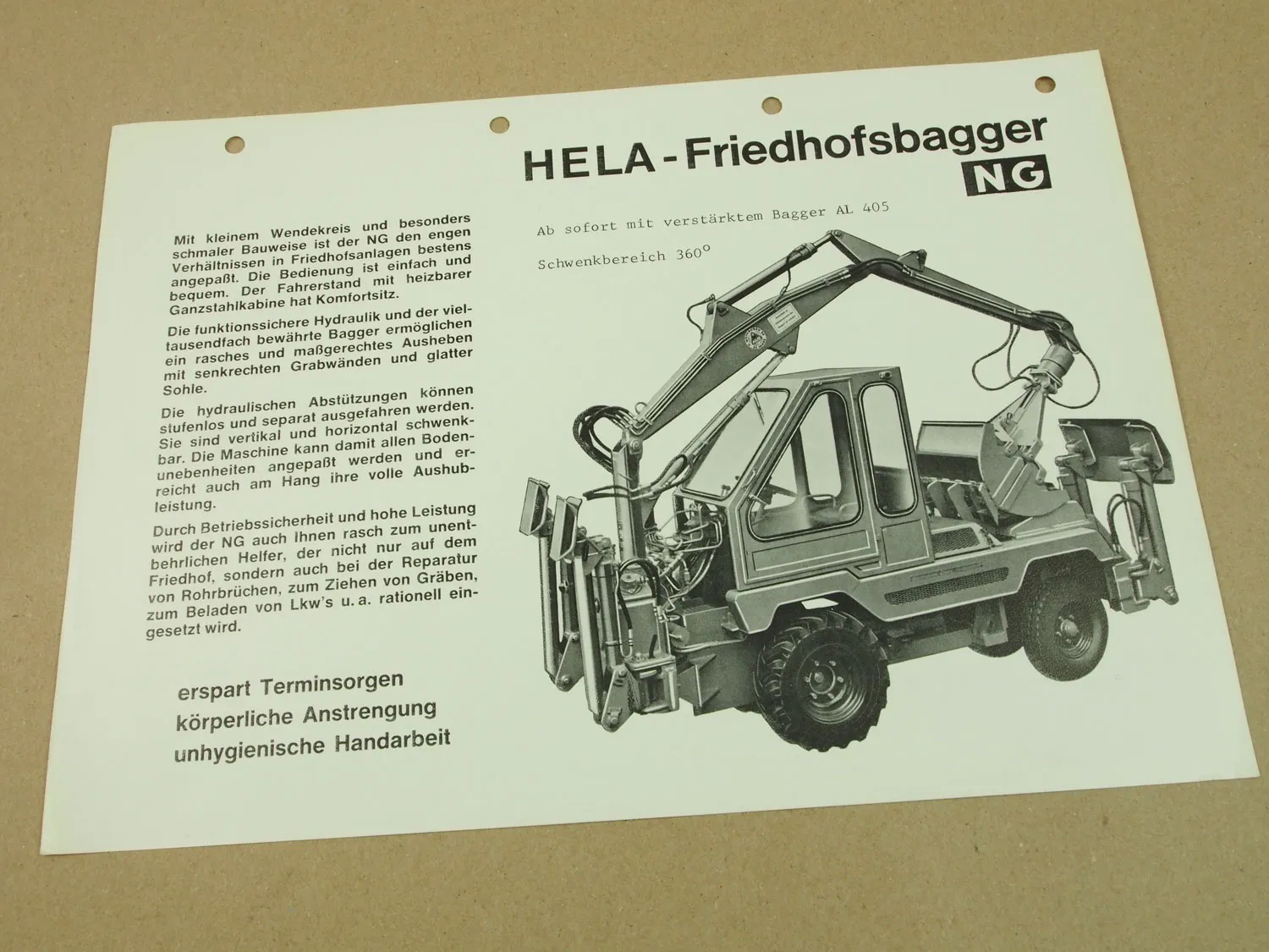 Prospekt Lanz Hela NG NF Friedhofsbagger mit AL405 + Datenblatt + Vorteile 70er